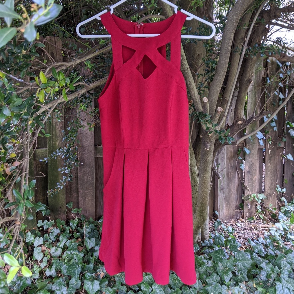 Red Halter Dress with Cutouts, Pleats, and Pockets